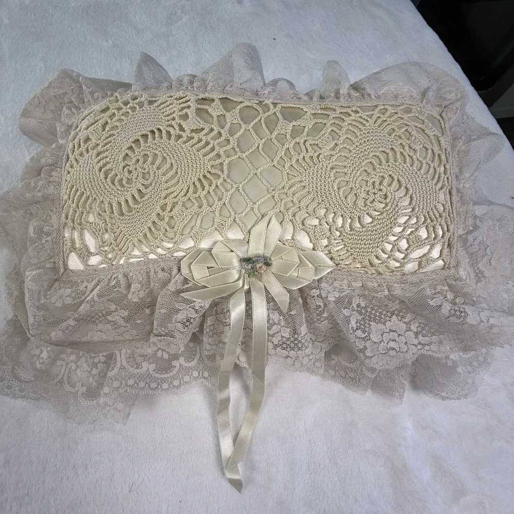 Vintage Boudoir Pillow Pair Ribbonwork Roses Lace Crochet Victorian Style